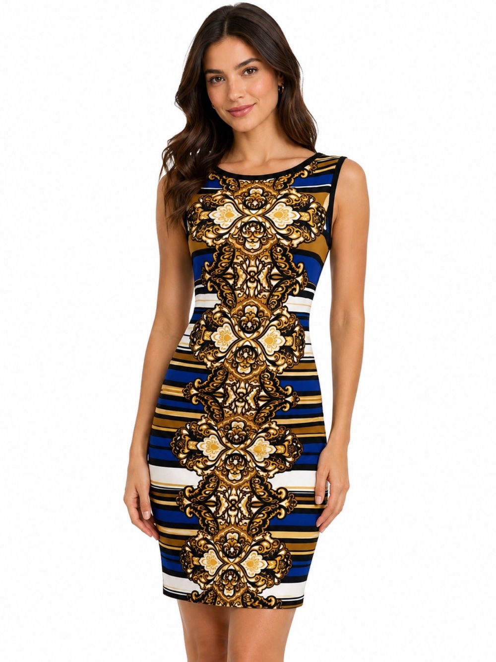 Banana Republic Baroque Print Sheath Dress Navy Gold Sleeveless —XS